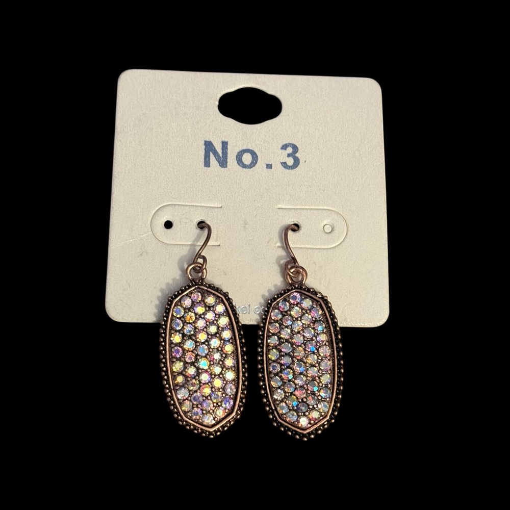 No. 3 bronze tone oval AB rhinestone dangle earrings